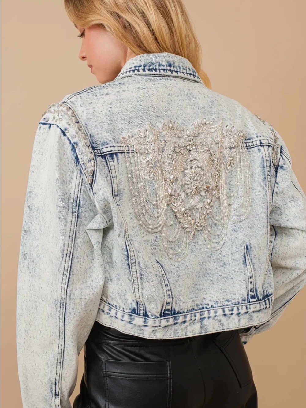New Blue B. Rhinestone Beaded Acid-Wash Cropped Jean Jacket - Picture 2 of 3